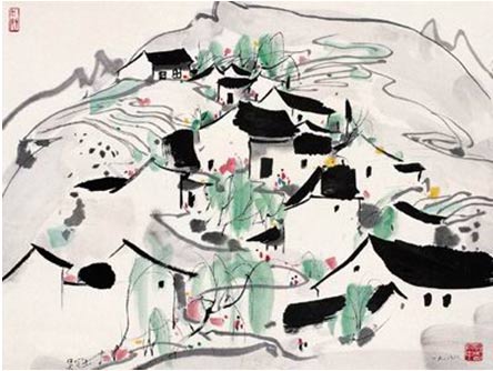 吴冠中作品《春山新雨后》 这幅画是吴冠中对故乡江南的回忆。江南的山水,是诗人的山水,是艺术家的山水。白居易说:“江南好,风景旧曾谙。日出江花红胜火,春来江水绿如蓝。”活脱脱刻写出江南独特的魅力。吴冠中《春山新雨后》则以画家的笔墨来表现诗人的情怀:“春来桃花红胜火,雨后柳丝绿如蓝。宁不忆江南?”苏轼说:“诗画本一律。”吴冠中是一个诗人,诗人应该有的一切,敏锐的视角、善感的心灵以及澎湃的激情,他都拥有,而且切实地表现于他的画作中;就像这