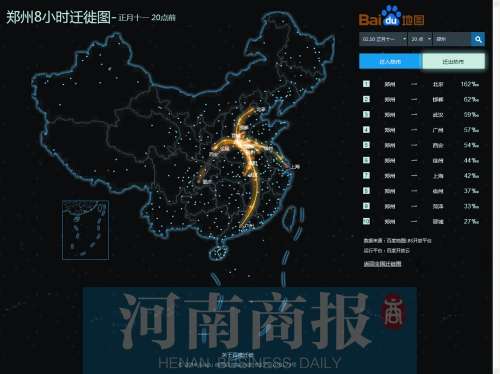百度迁徙地图:郑州去北京的人最多,排全国前十