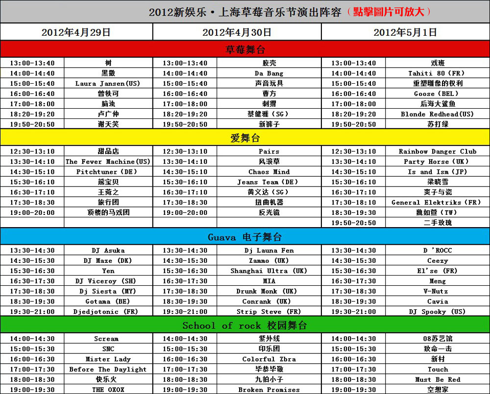2012上海草莓音乐节演出时间表