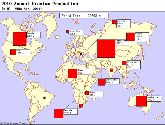 2010年世界铀产量为53663吨,中国为827吨(wna图片)