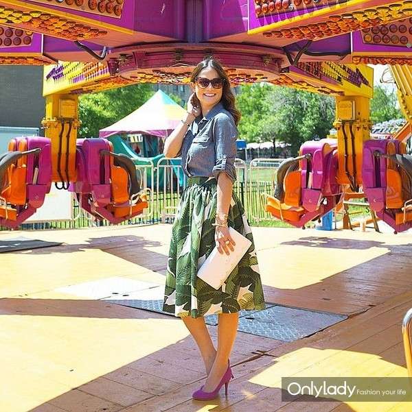 Denim-Top-Patterned-Skirt-Heels