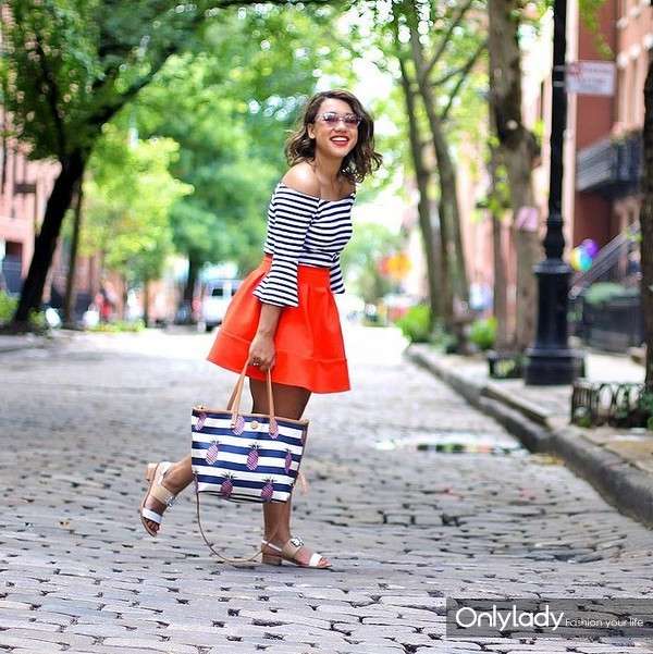 Striped-Shirt-Bold-Colored-Skirt-Sandals