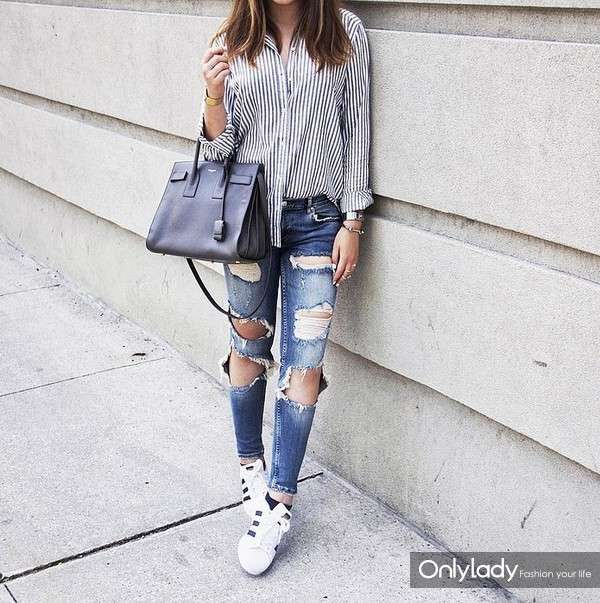 Striped-Button-Front-Shirt-Distressed-Jeans-Sneakers