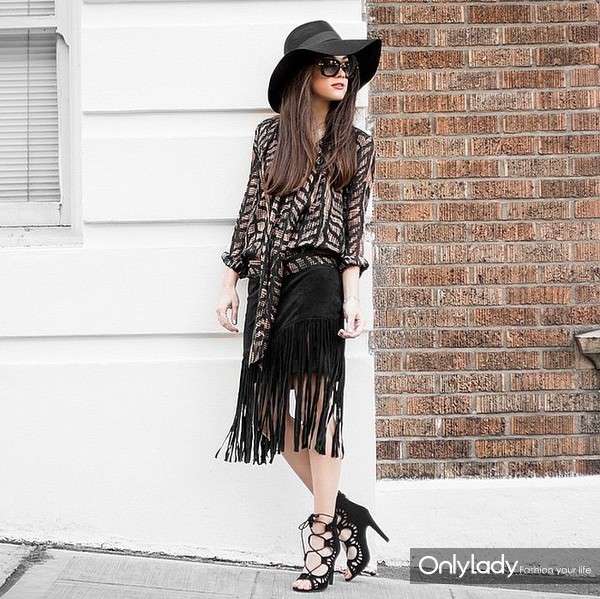 Chiffon-Top-Fringed-Skirt-Lace-Up-Shoes-Hat