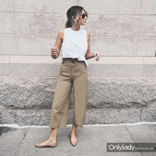 White-Top-Khaki-Pants-Beige-Flats