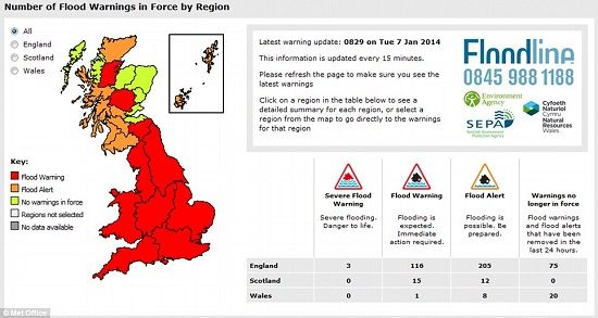 英国气象局发布洪水警报。