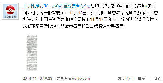 上交所:11月15日进行港股通交易系统通关测试