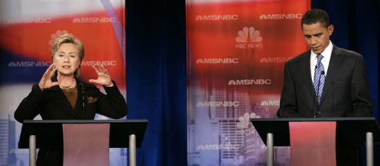 08年竞选现场：希拉里与奥巴马展开电视辩论