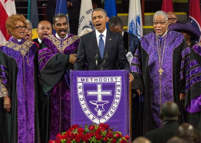 奥巴马出席枪击案遇难牧师葬礼