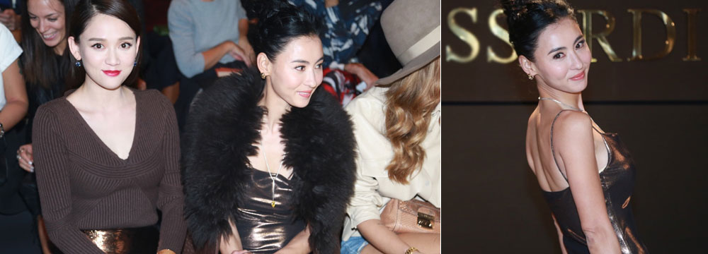 张柏芝与陈乔恩同场看秀 脱皮草秀香肩