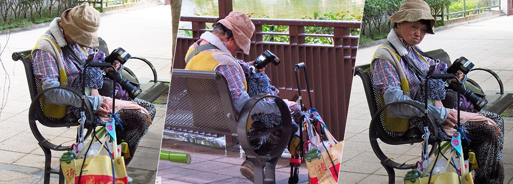  周润发胞姐披毛巾拉小车 公园长椅打瞌睡

