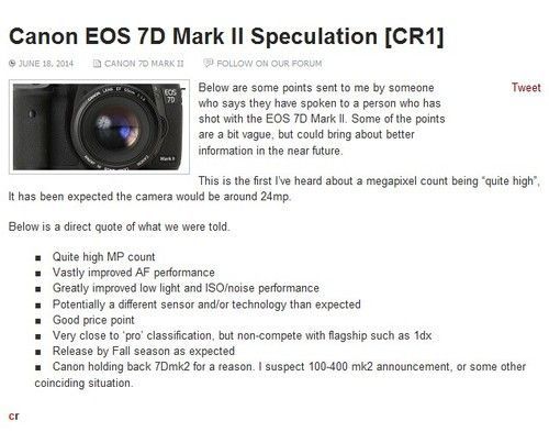 外网传闻EOS 7D Mark II参数提升明显