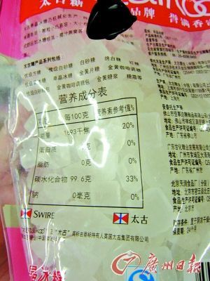 市场上绝大多数冰糖外包装上只标有营养成分，却没有显示二氧化硫含量。