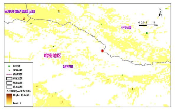 地震震中位置及人口分布图