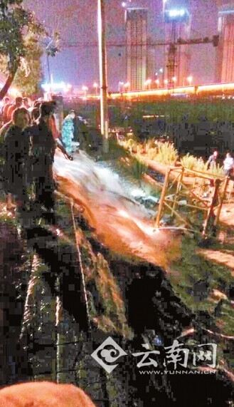 积水涌向围墙坍塌处 市民赵先生供图