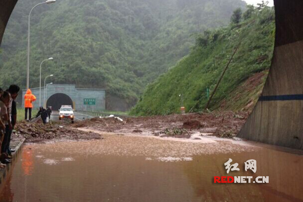 (大量泥土沙石杂木持续跌落进入高速路面致使交通双向中断)