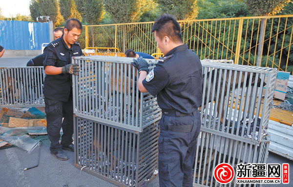 7月22日,在乌鲁木齐国际机场国内货运部,特警将铁笼外的包装物去除。