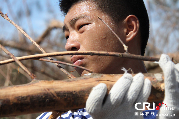7月26日，记者一行走访文昌市翁田镇，当地一名海军战士正顶着烈日清理路障。