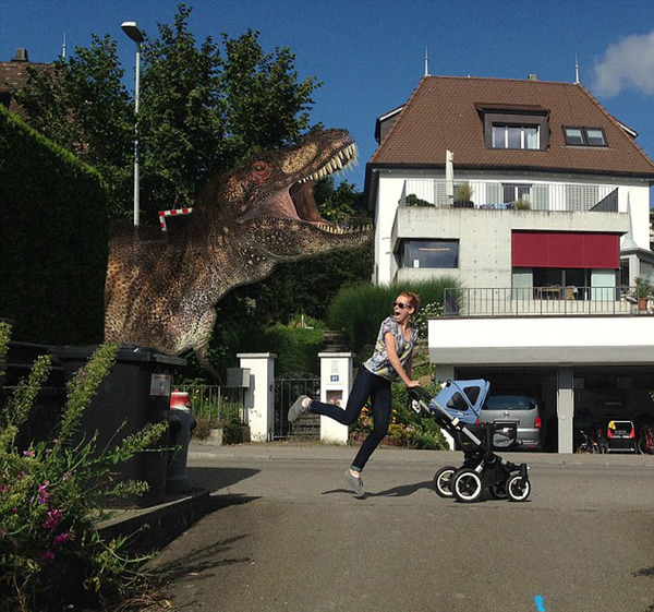 瑞士夫妻合成趣味魔幻照片:照看孩子时遇到恐