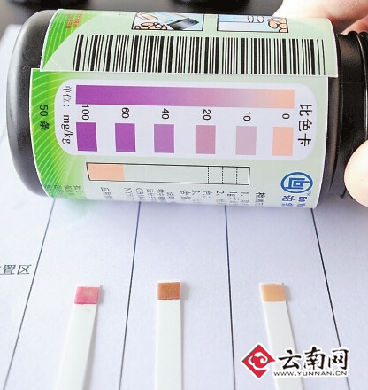 50秒后与色卡比对，显示3个样品不同的甲醛含量。 周明佳 摄