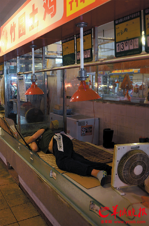 佛山同济市场鸡档，成了午休的床位