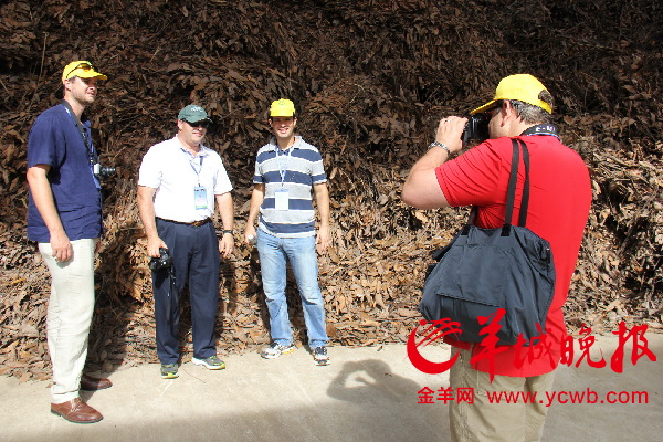 外国朋友在堆积如山的桂皮前兴奋地合影留念。