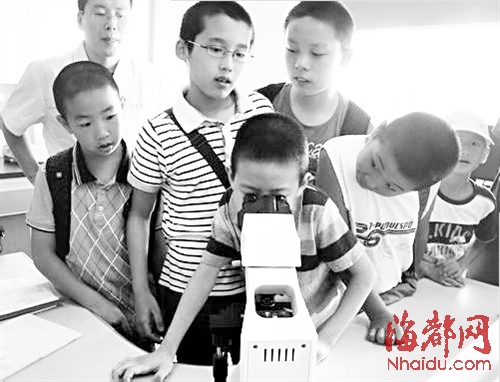 在省纤检局，小能人好奇地观察显微镜