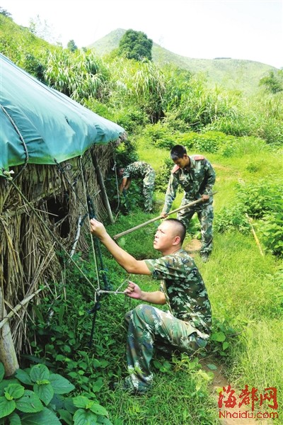台风季节，刘孙军和战友一起固定羊舍