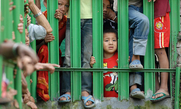 当通过护栏看着山羊被献祭时,这个孩子看起来显得十分不安。(网页截图)