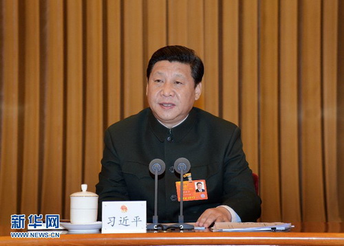 2013年3月11日，习近平出席十二届全国人大一次会议解放军代表团全体会议并发表重要讲话。 新华社记者李刚摄