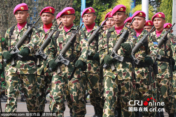 　　当地时间2015年8月7日，印尼西加里曼丹，印尼海军士兵举行就职典礼，现场大秀技能吸引关注。图片来源：sipa
