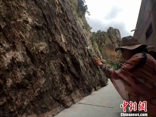 图为华文媒体代表观看篆刻在岩壁上的经文。　胡友军　摄