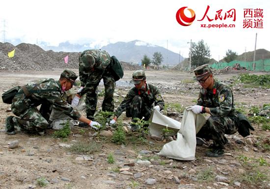 官兵正在清理白色垃圾。冯奇 摄