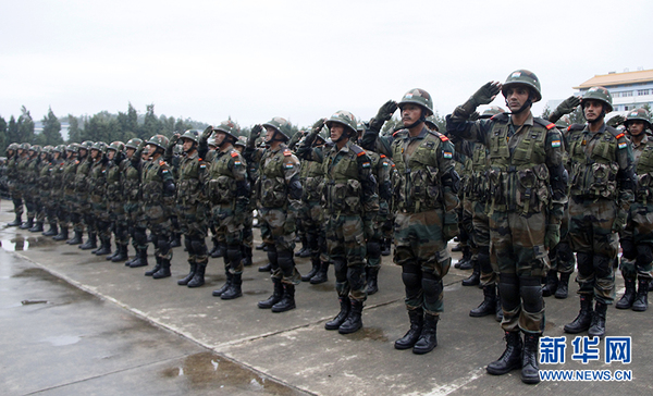 双方国旗同时入场,印方官兵敬军礼。李朋芳 摄