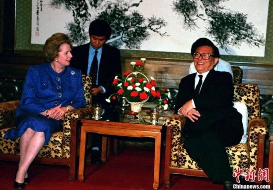 1991年9月11日,时任中国国家主席江泽民在钓鱼台国宾馆会见英国前首相撒切尔夫人。