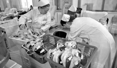 11月6日，一家医院的护士在整理冷柜中的部分血袋 新文记者 史磊 摄