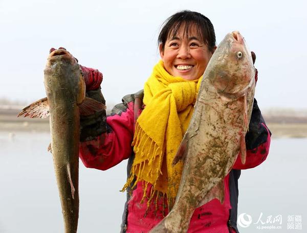 养鱼人张志红展示刚刚打捞出来的鲢鱼。