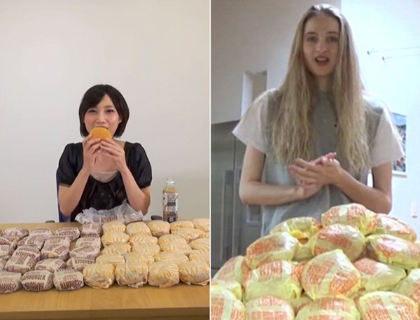 顶级吃货PK：新西兰女模欲吃百个汉堡挑战日本萌妹。（网页截图）