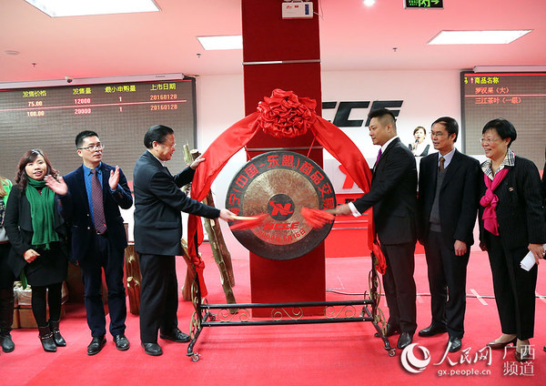 中国融保金融集团董事会主席彭文坚（左四）和南宁（中国--东盟）商品交易所董事长舒杨（右四）为新品种上线鸣锣开市