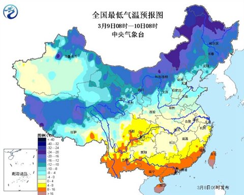 2016年3月9日08时至10日08时最低气温预报图