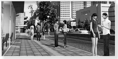 在城市街道上,访客之间可以实时交流。 (效果图)