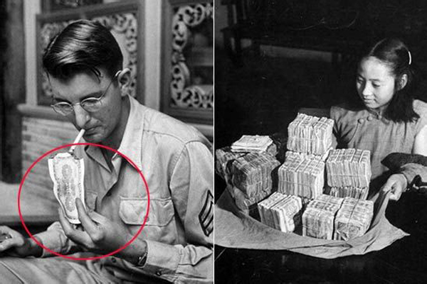 1945年，恶性通胀时期，美军士兵用法币点烟（左）和女职员点钱（右）。资料图