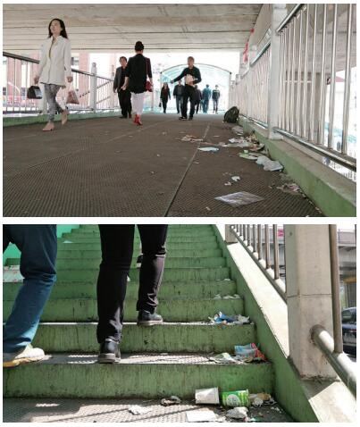 4月22日，阿勒泰路BRT嘉和园站处过街天桥西侧桥面及台阶遍地垃圾。实习生 孙圆圆 亚心网记者 吴佩涵 摄
