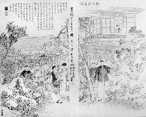 　　金桂生绘画、吴友如配文的《徐园采菊图》。1887年徐园正式对外开放后，每年都要办菊花会，《徐园采菊图》表现的就是此胜景。