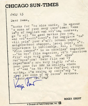 影评人Dana Stevens收藏的伊伯特回复她的信函。