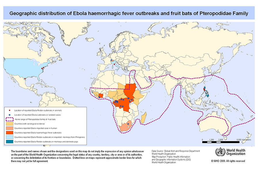 埃博拉出血热目前为止主要呈现地方性流行，局限在中非热带雨林和东南非洲热带大草原，但已从开始的苏丹、刚果、中非共和国、利比亚……埃塞俄比亚以及南非。非洲以外地区偶有病例报道，均属于输入性或实验室意外感染，未发现有埃博拉出血热流行。