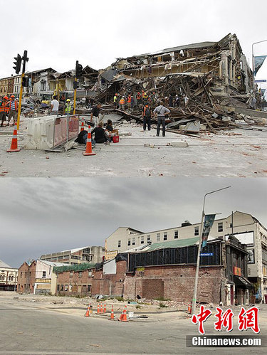 新西兰基督城地震一周年 相同地点震撼对比