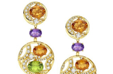 黄水晶、橄榄石、紫水晶、钻石和密镶钻石镶嵌而成的黄金耳环，价格￡12.300,00