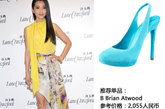 李冰冰选择了一双荧光蓝丝绒美鞋抢夺眼球，特别的颜色搭配丝质裙摆看起来美轮美奂。