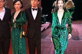 2012年6月16日，第15届上海国际电影节开幕。来自中国、韩国、日本等众多明星云集红毯，可谓是星光熠熠。霍思燕一直在红毯装扮上受非议居多，这次她依然挑选了一件突破很大的礼服，来自GUCCI 2012秋冬系列的绿色深V天鹅绒礼裙。拖地的长度对于较小的霍思燕有些过长，不过妆容、配饰都搭配得很是有味道。
